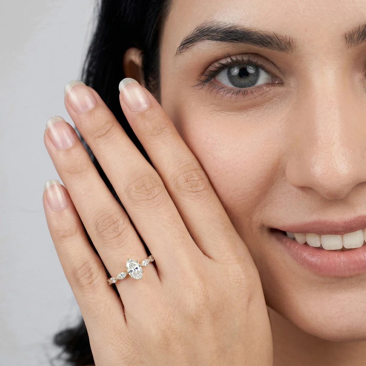 Oval Solitaire Diamond Ring with Marquise Side Stones for Women 925 Sterling Silver