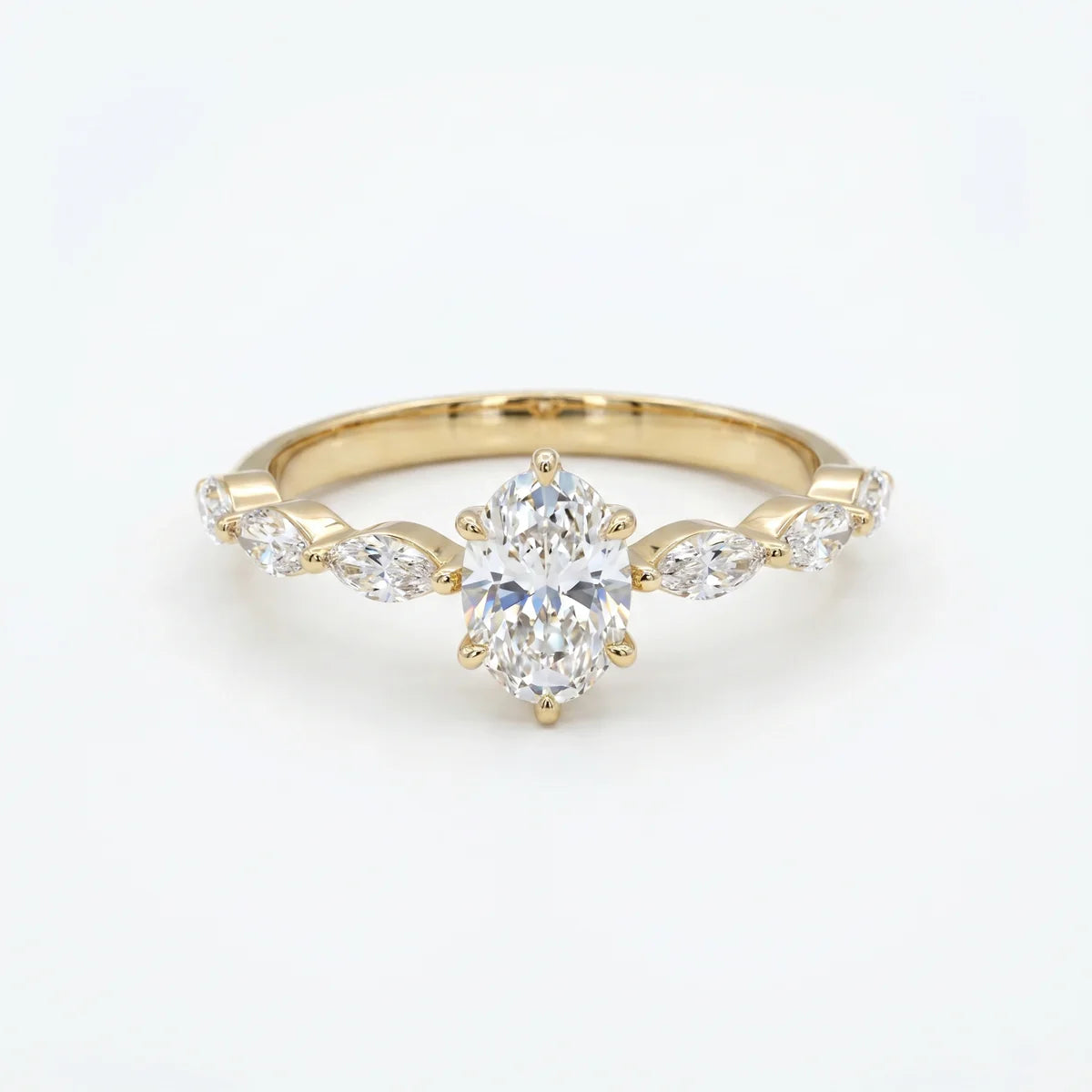 Oval Solitaire Diamond Ring with Marquise Side Stones for Women 925 Sterling Silver