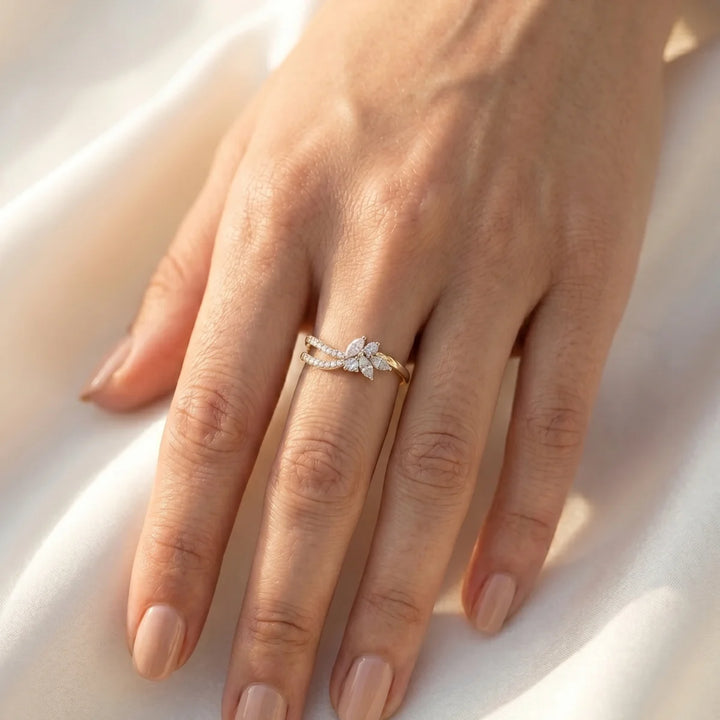 Floral Marquise Diamond Bypass Ring in 925 Sterling Silver