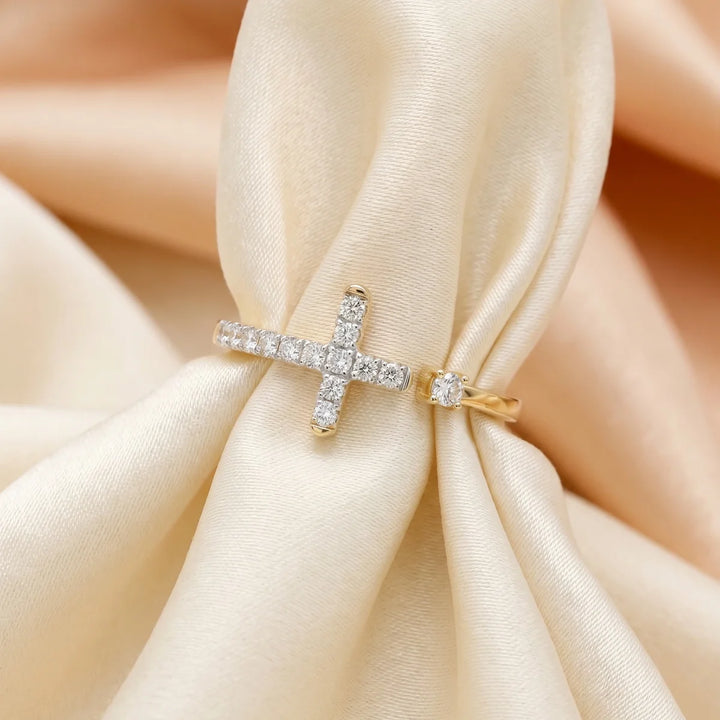 Elegant Cross Diamond Open Ring in 925 Sterling Silver | Minimalist Faith Promise Ring | Everyday Stackable Jewelry
