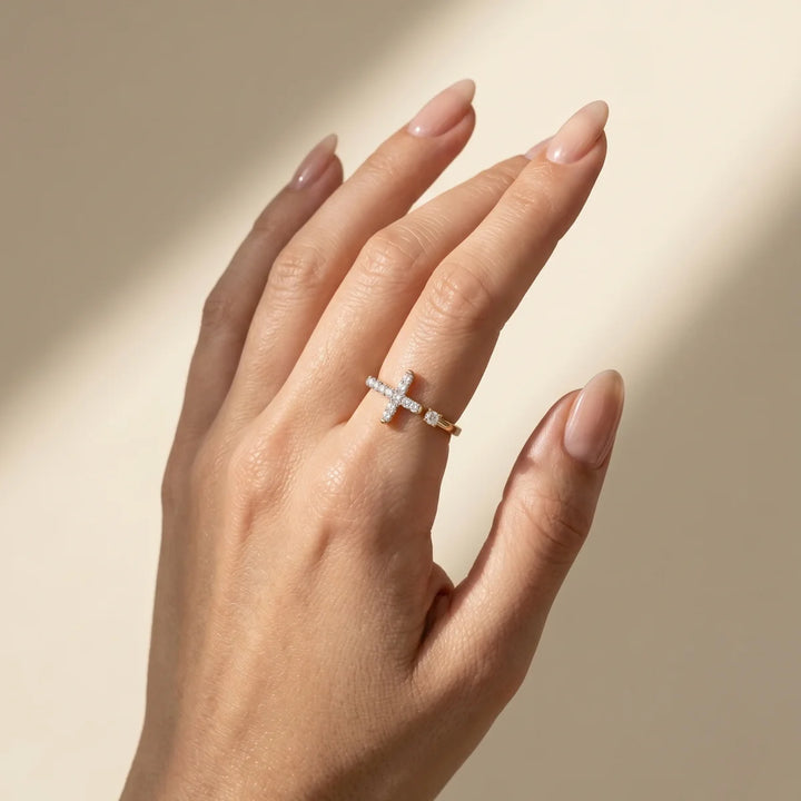 Elegant Cross Diamond Open Ring in 925 Sterling Silver | Minimalist Faith Promise Ring | Everyday Stackable Jewelry