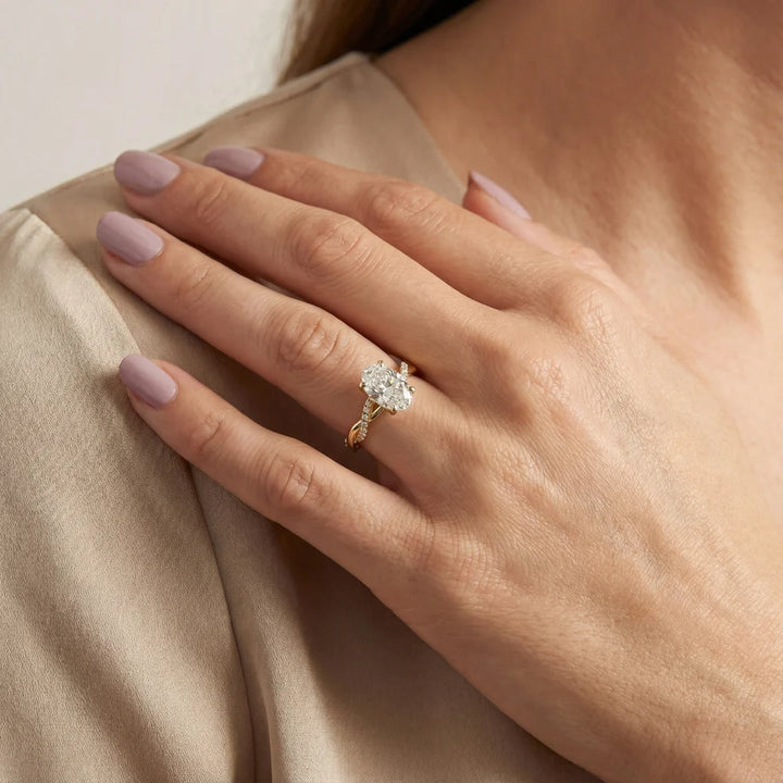 Twisted Side Stone Oval Diamond Engagement & Wedding  Ring in Yellow Gold