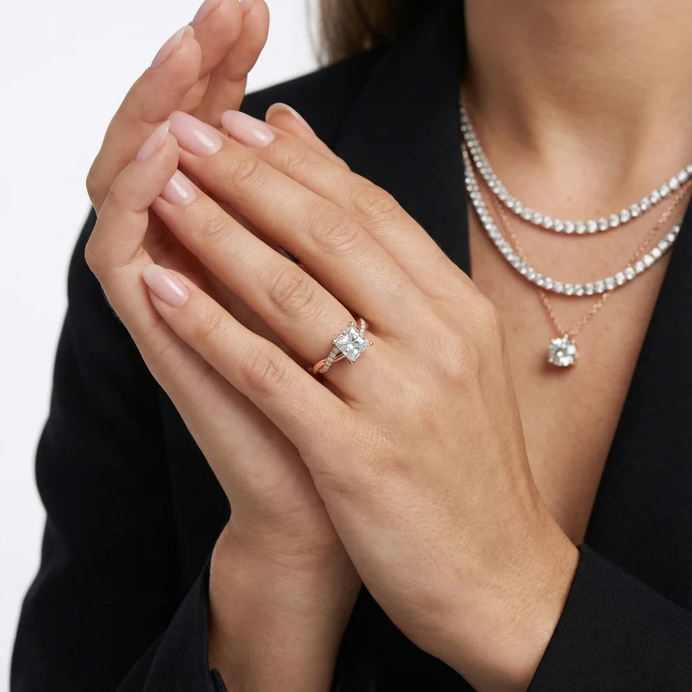 Twisted Side Stone Princess Diamond Engagement & Wedding Ring
