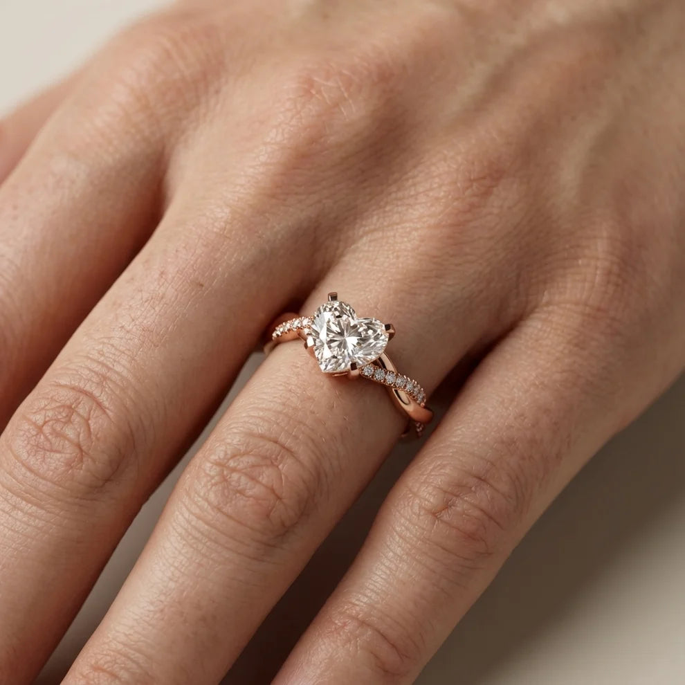 Twisted Side Stone Heart Diamond Engagement & Wedding Ring