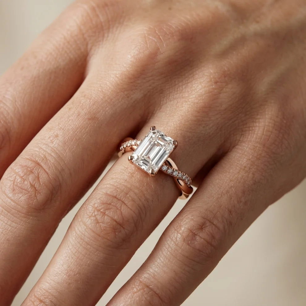 Twisted Side Stone Emerald Diamond Engagement & Wedding Ring