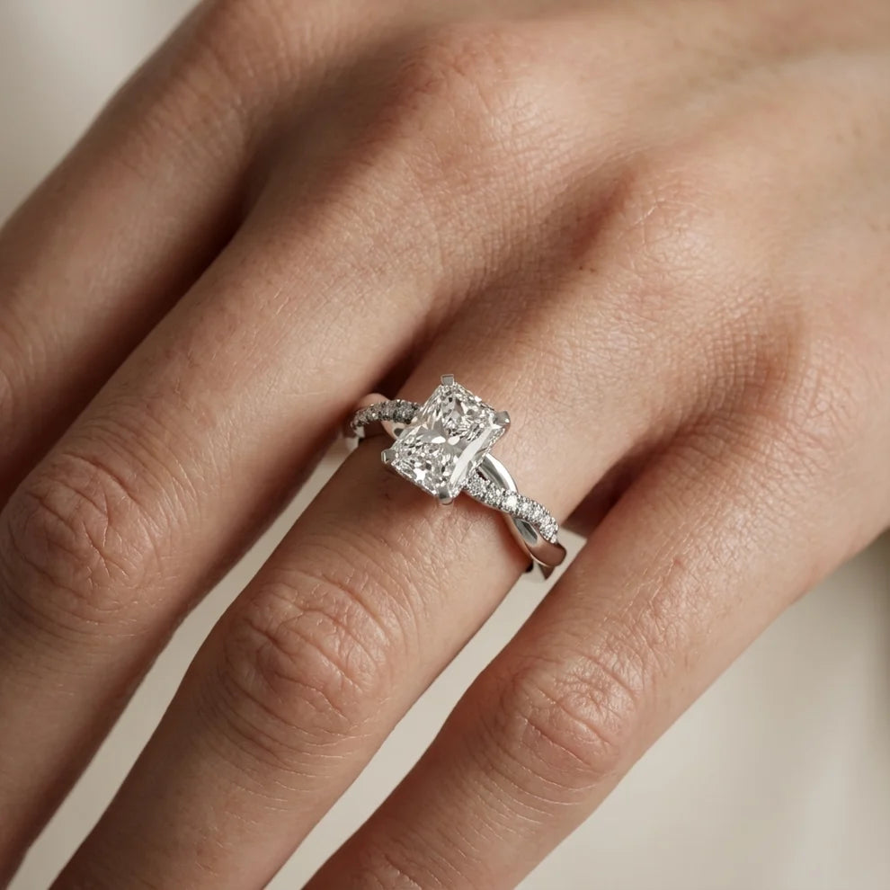 Twisted Side Stone Radiant Diamond Engagement & Wedding Ring