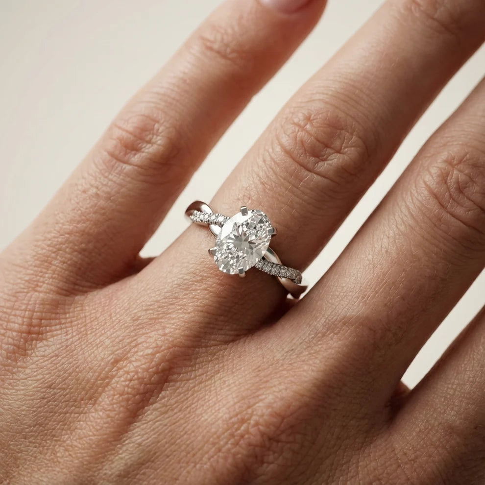 Twisted Side Stone Oval Diamond Engagement & Wedding  Ring in Yellow Gold