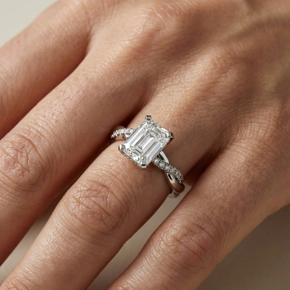 Twisted Side Stone Emerald Diamond Engagement & Wedding Ring
