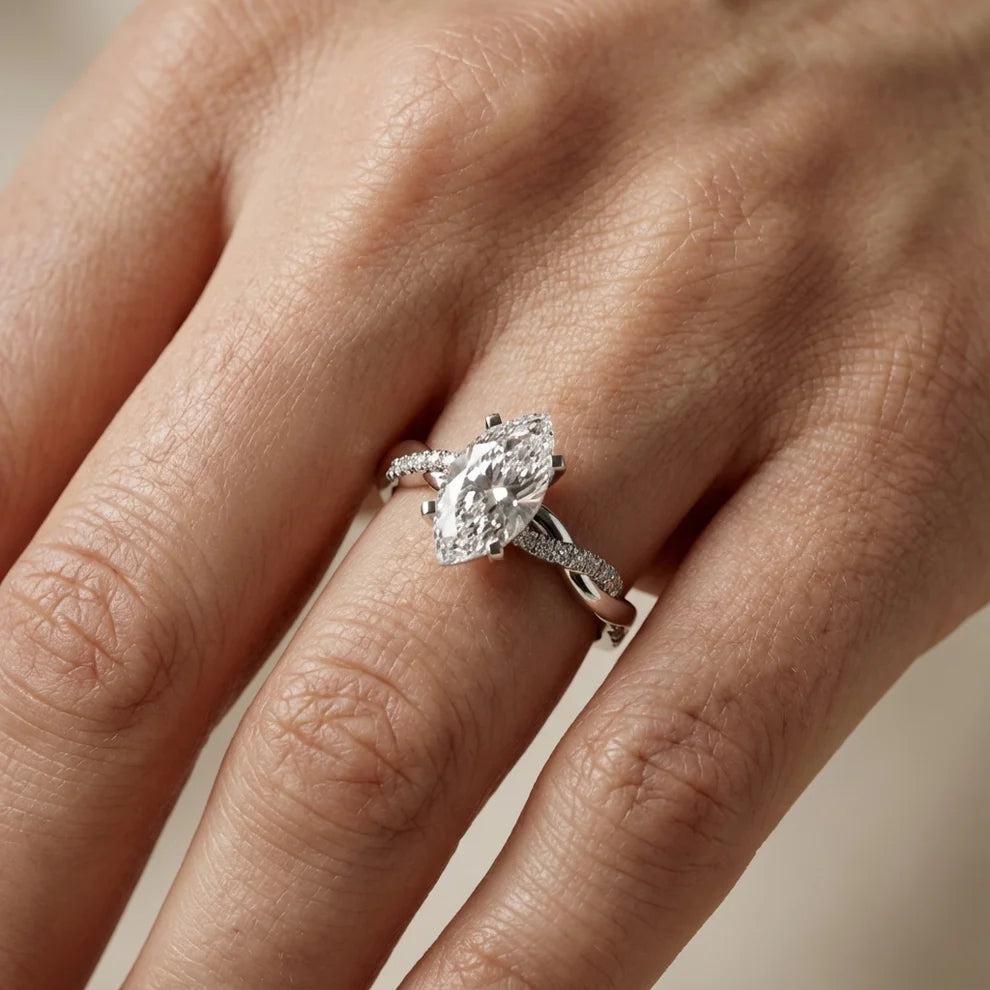 Twisted Side Stone Marquise Diamond Engagement & Wedding Ring