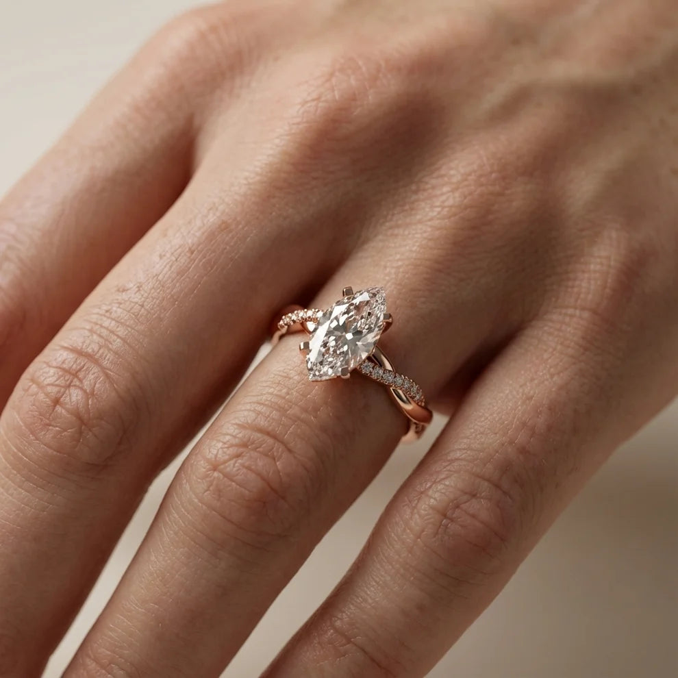 Twisted Side Stone Marquise Diamond Engagement & Wedding Ring