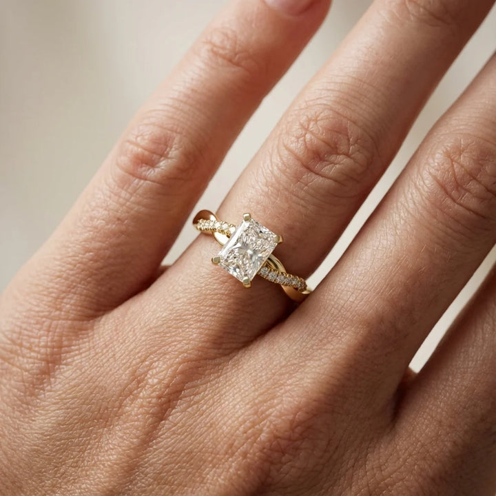 Twisted Side Stone Radiant Diamond Engagement & Wedding Ring