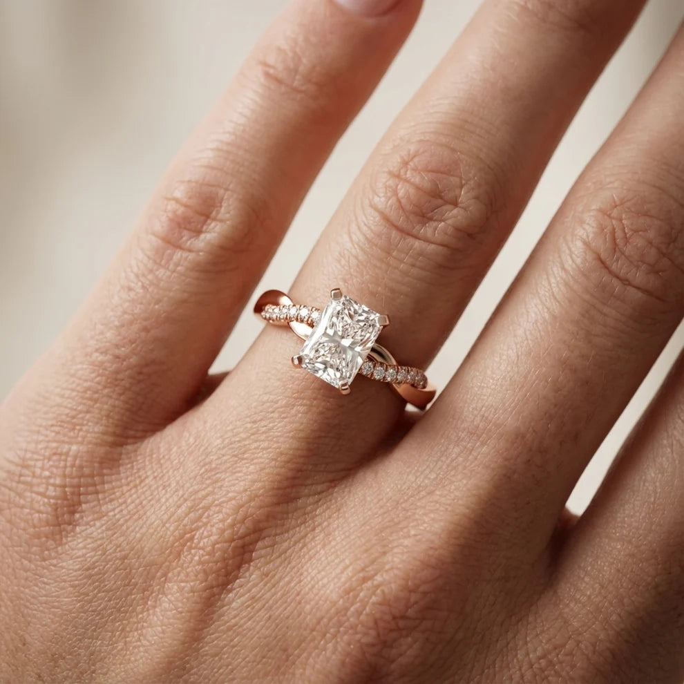 Twisted Side Stone Radiant Diamond Engagement & Wedding Ring
