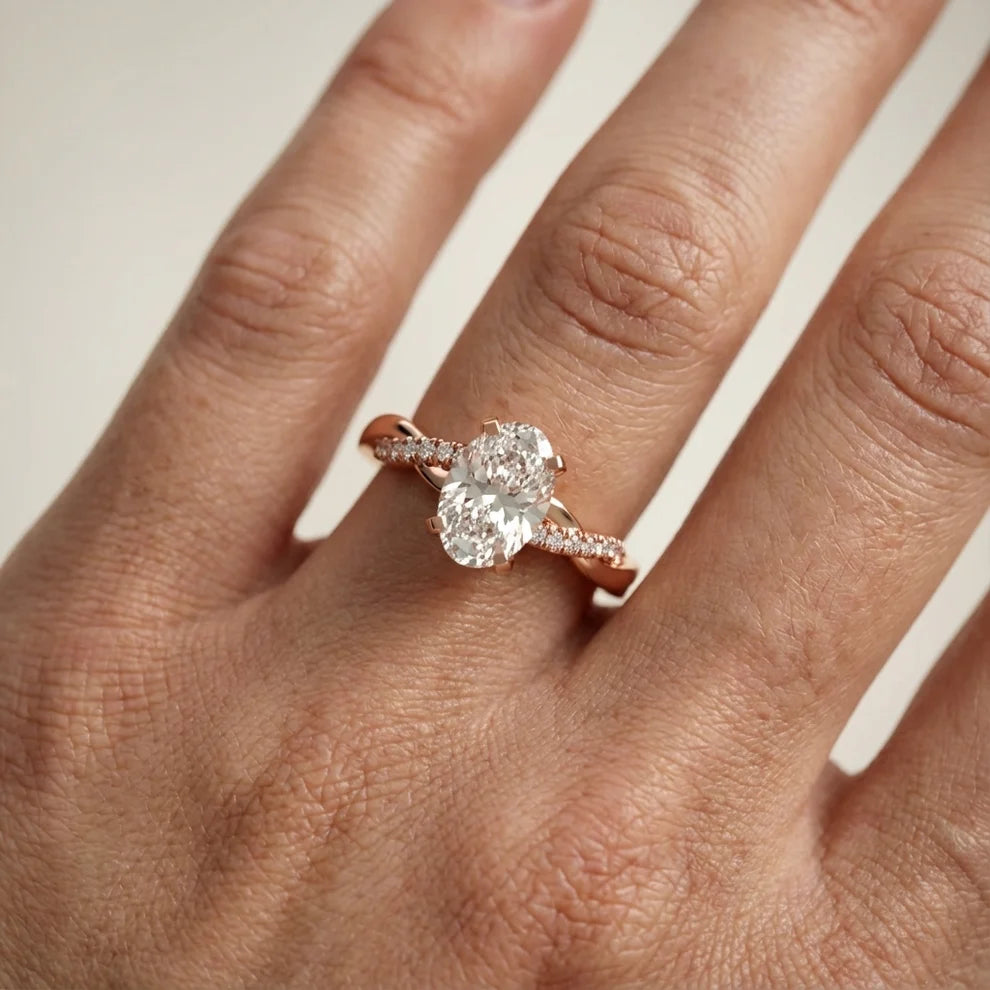 Twisted Side Stone Oval Diamond Engagement & Wedding  Ring in Yellow Gold