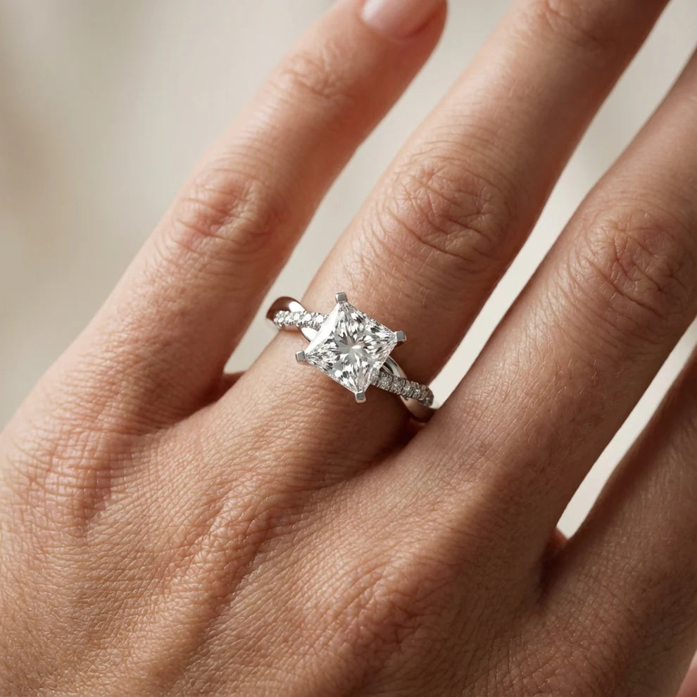 Twisted Side Stone Princess Diamond Engagement & Wedding Ring