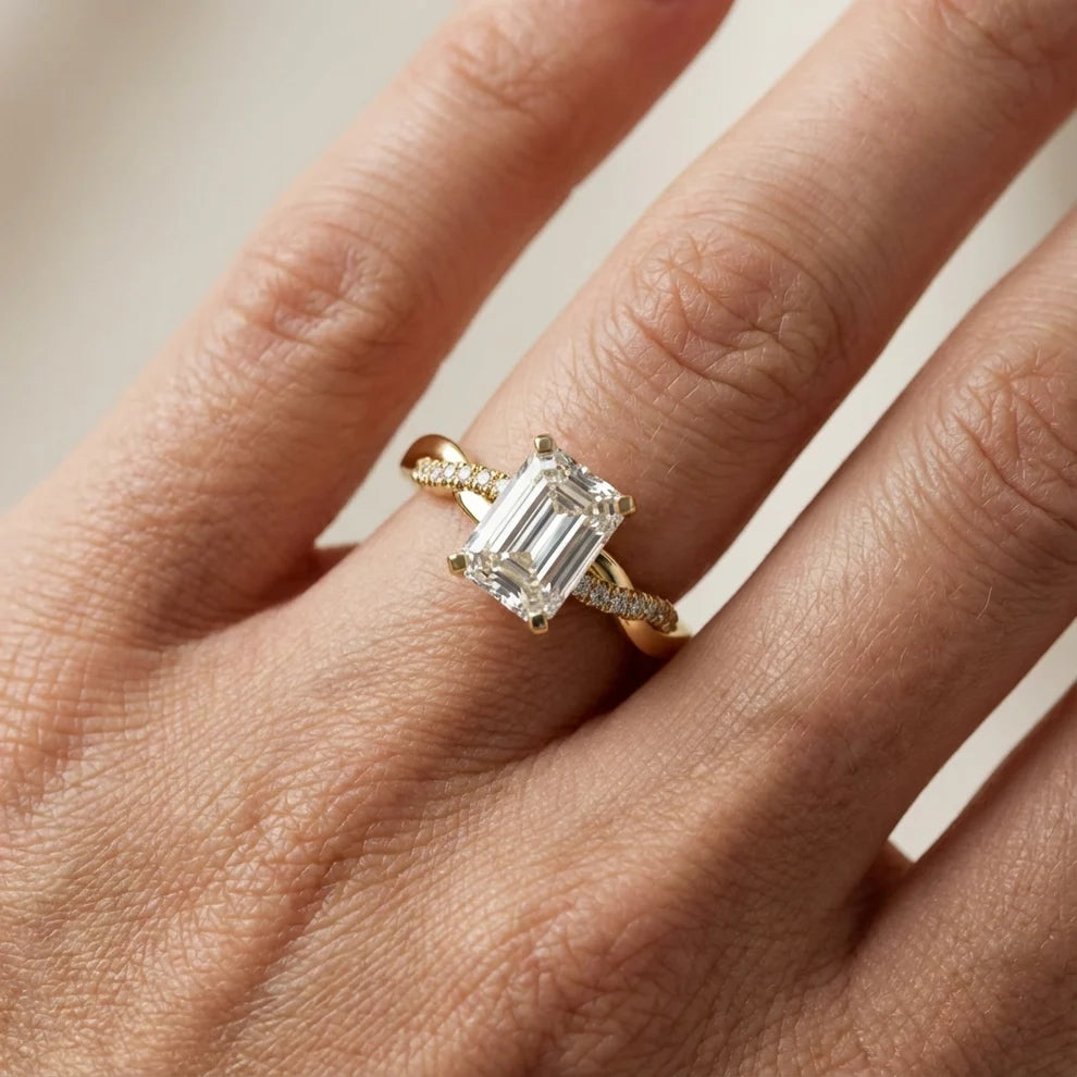 Twisted Side Stone Emerald Diamond Engagement & Wedding Ring