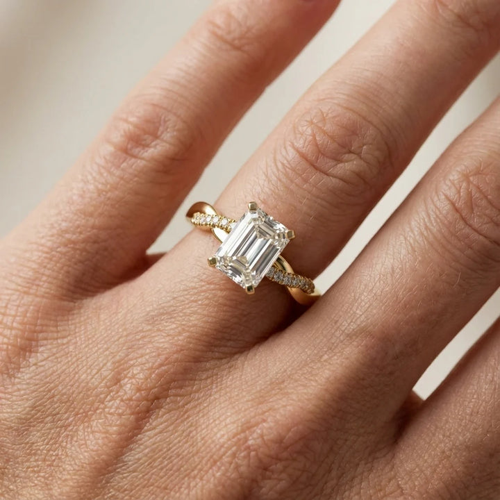 Twisted Side Stone Emerald Diamond Engagement & Wedding Ring