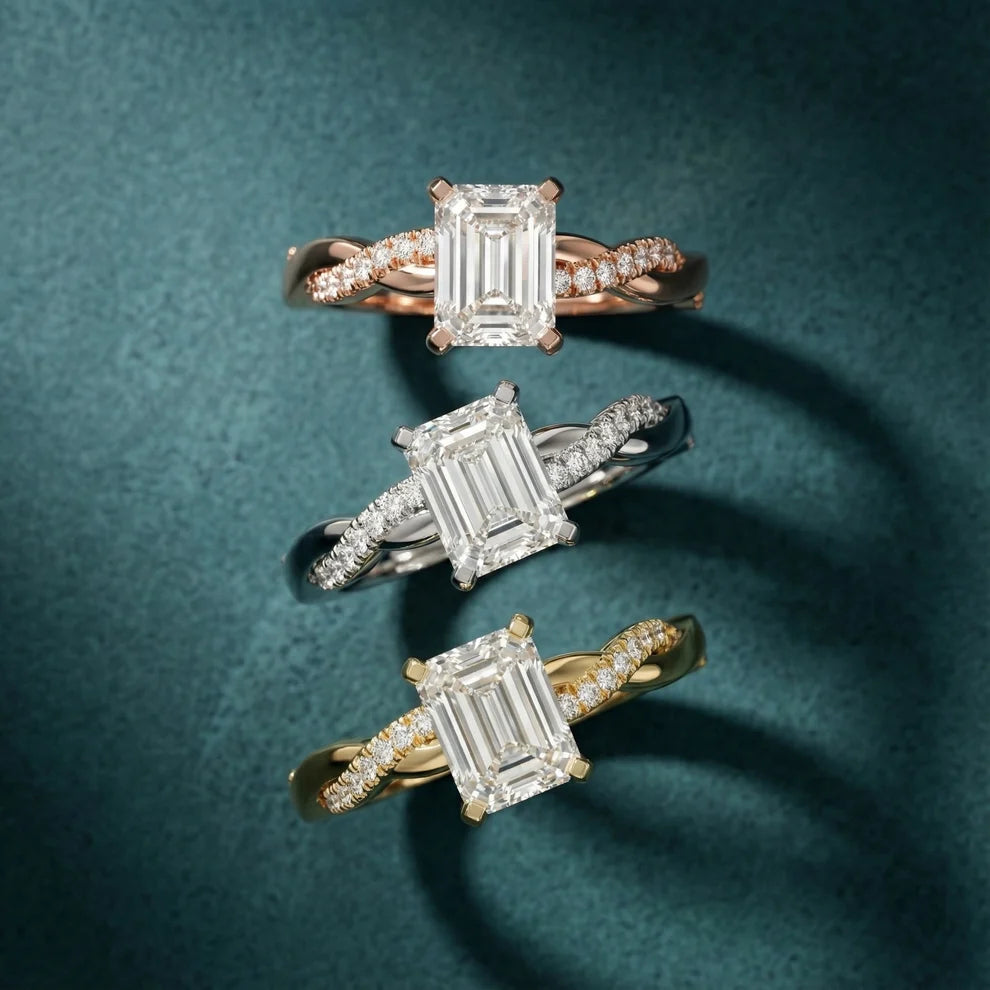 Twisted Side Stone Emerald Diamond Engagement & Wedding Ring