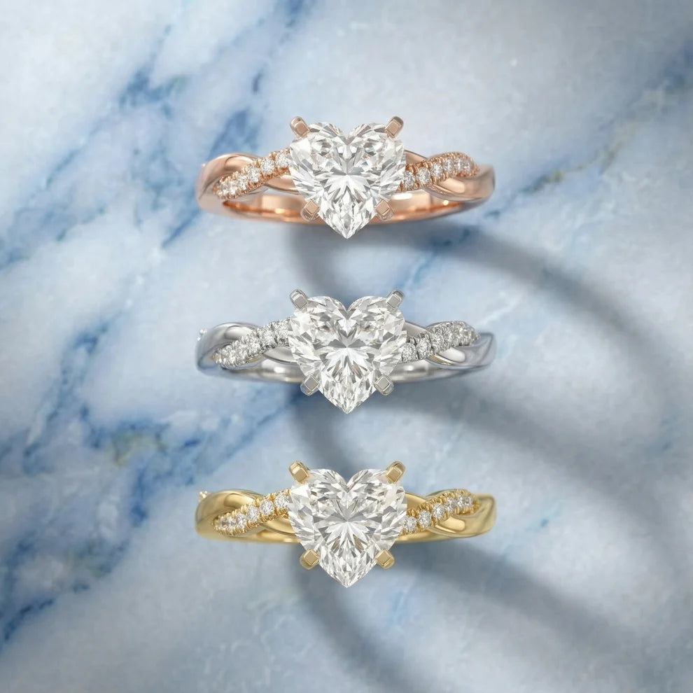 Twisted Side Stone Heart Diamond Engagement & Wedding Ring