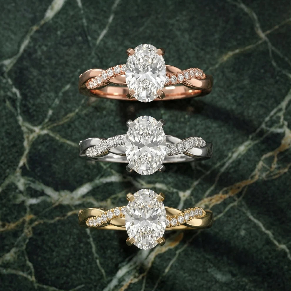 Twisted Side Stone Oval Diamond Engagement & Wedding  Ring in Yellow Gold