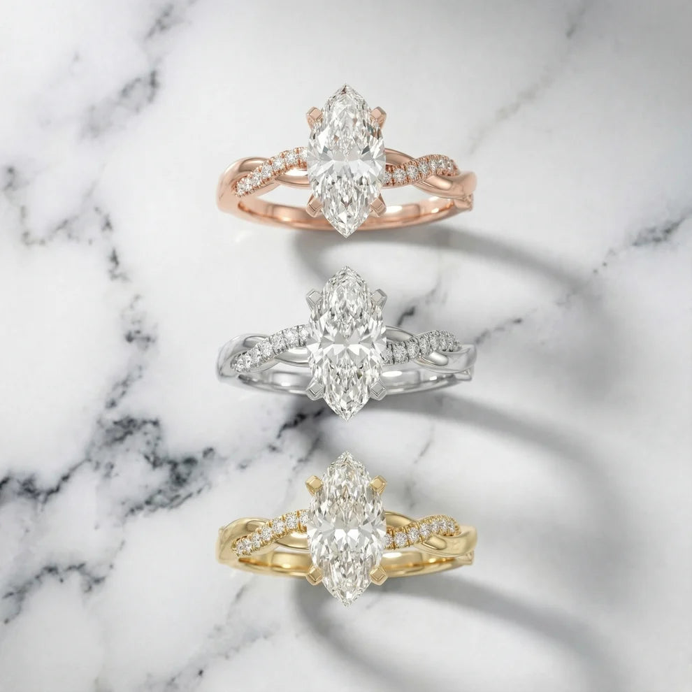 Twisted Side Stone Marquise Diamond Engagement & Wedding Ring