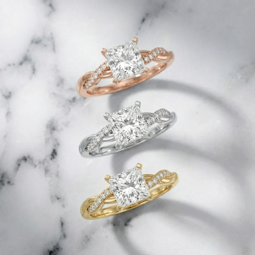 Twisted Side Stone Princess Diamond Engagement & Wedding Ring