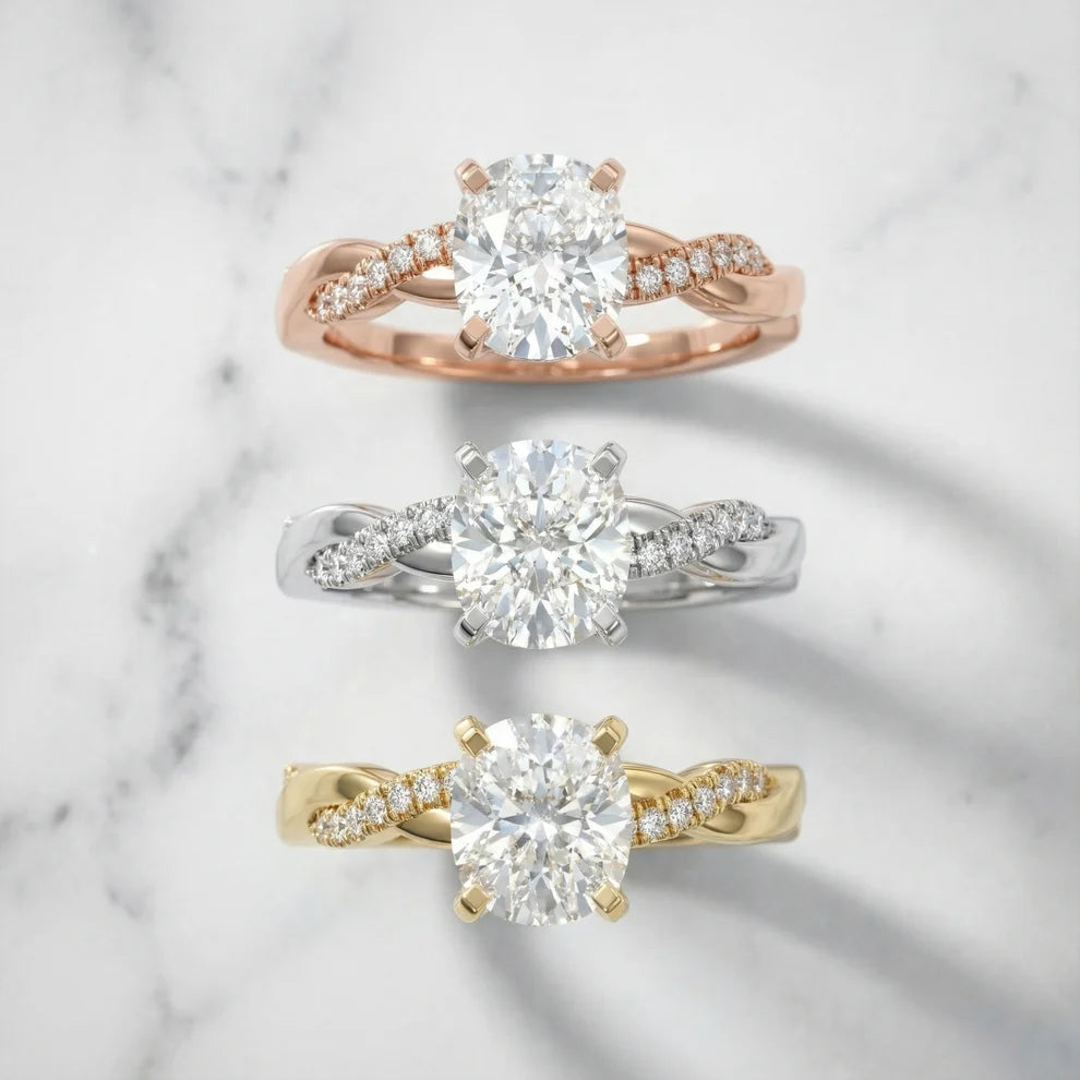 Twisted Side Stone Cushion Diamond Engagement & Wedding Ring