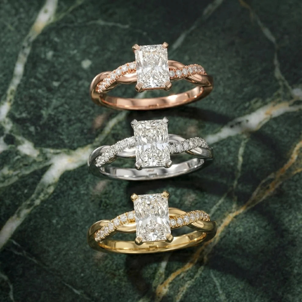 Twisted Side Stone Radiant Diamond Engagement & Wedding Ring