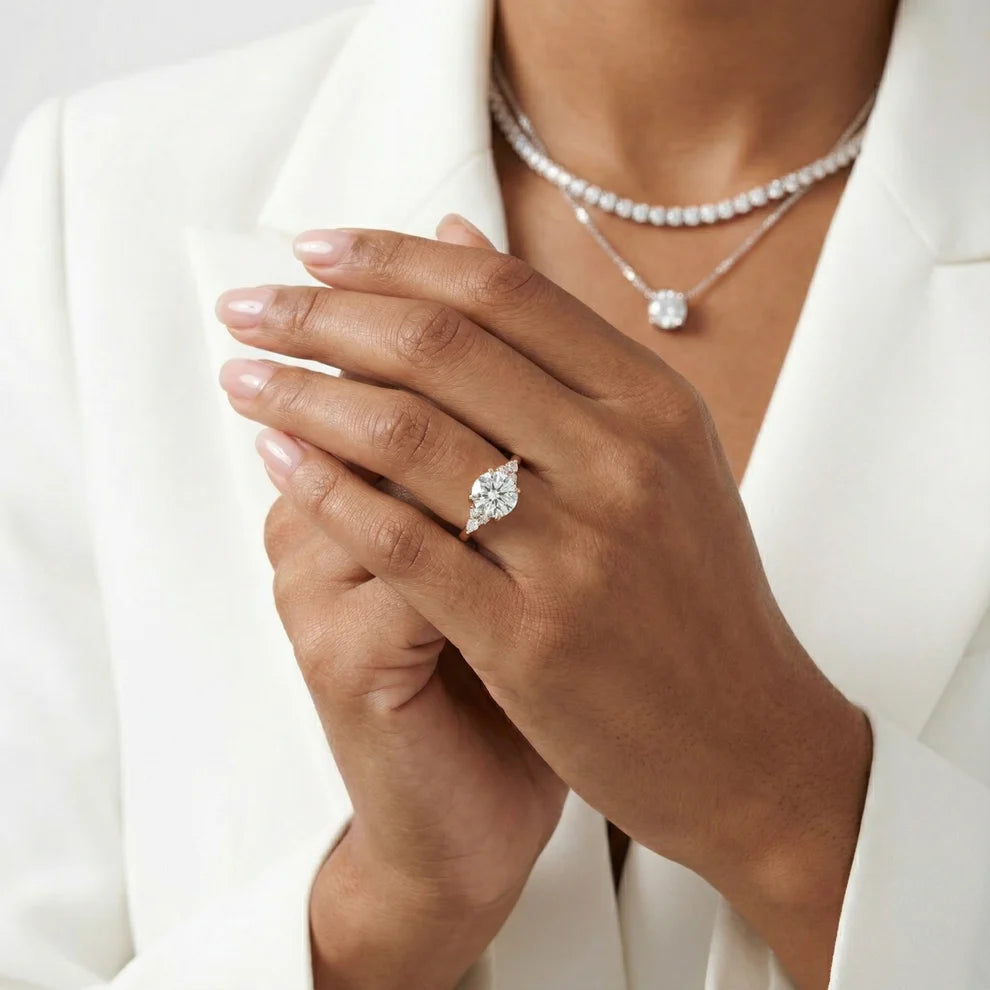 Amelia Three Stone Round Diamond Engagement & Wedding Ring