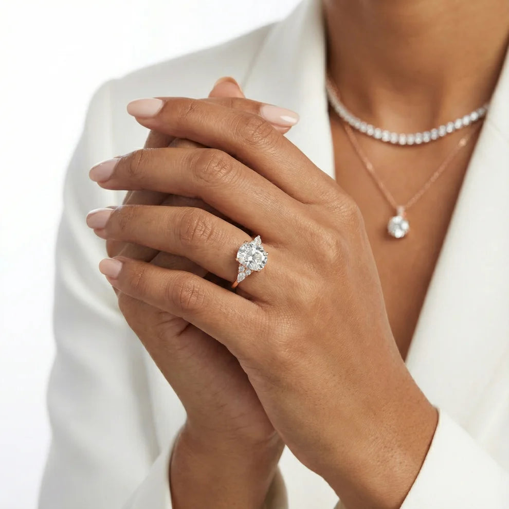 Amelia Three Stone Cushion Diamond Engagement & Wedding Ring