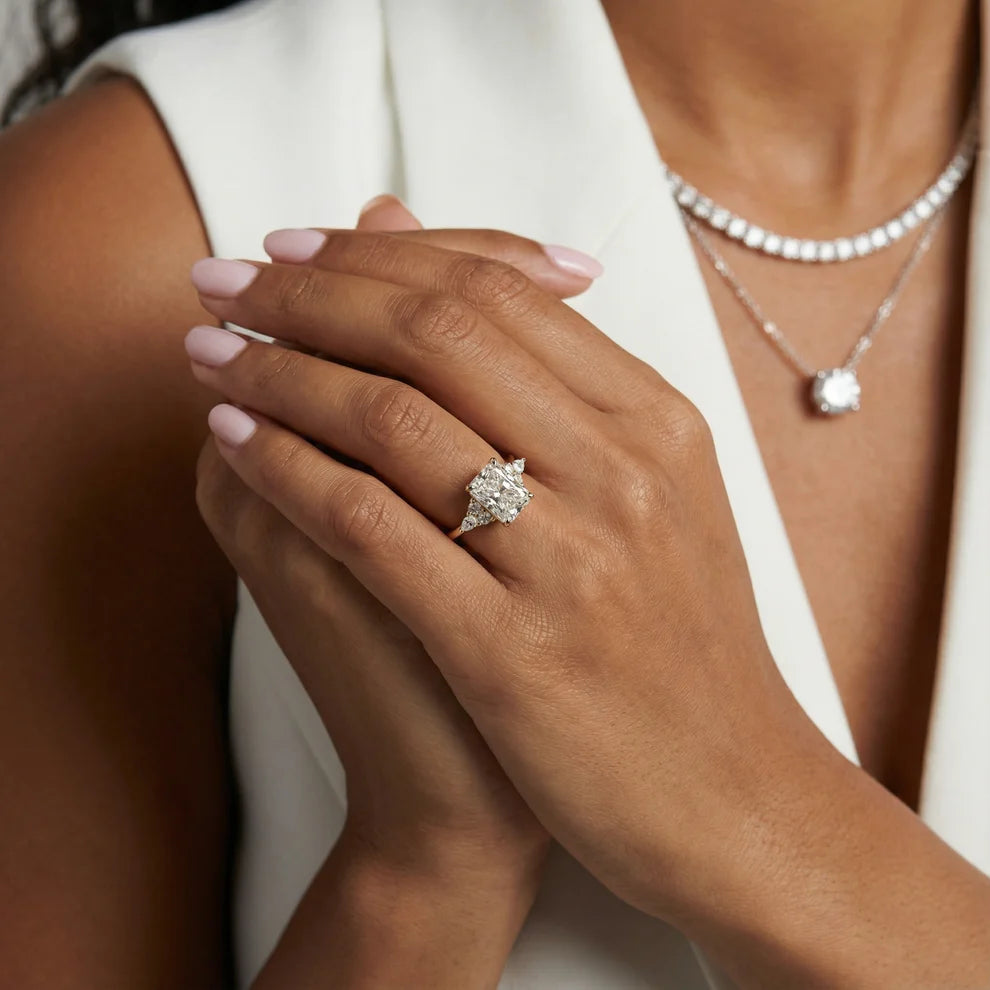 Amelia Three Stone Radiant Diamond Engagement & Wedding Ring