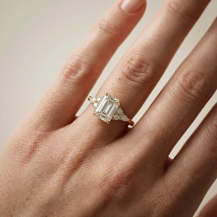 Amelia Three Stone Emerald Diamond Engagement & Wedding Ring