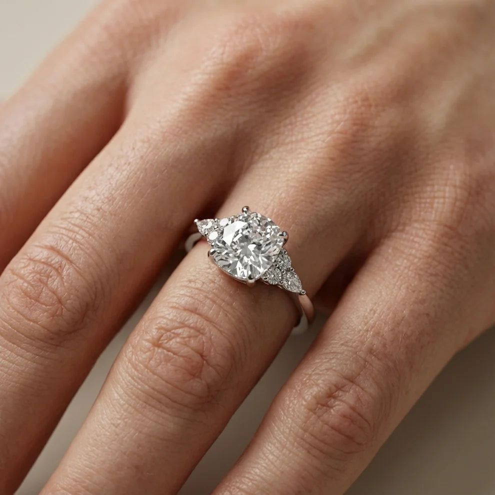 Amelia Three Stone Cushion Diamond Engagement & Wedding Ring