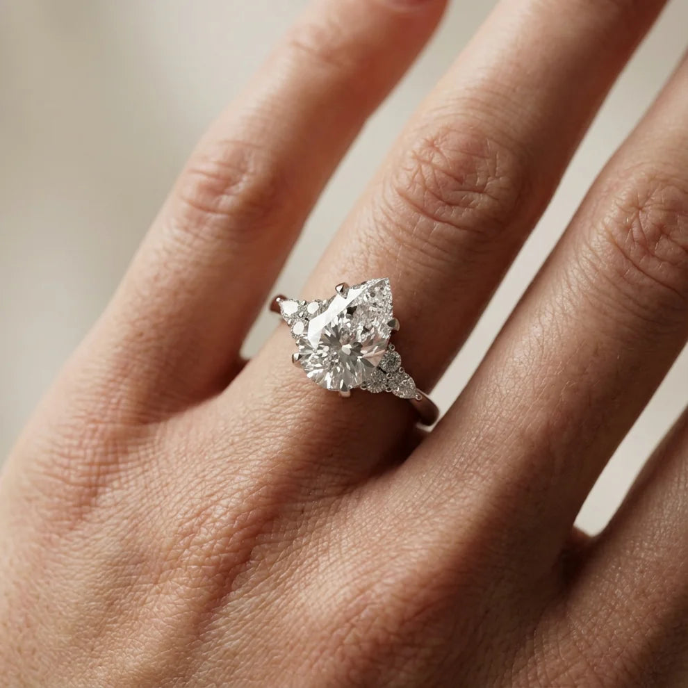 Amelia Three Stone Pear Diamond Engagement & Wedding Ring