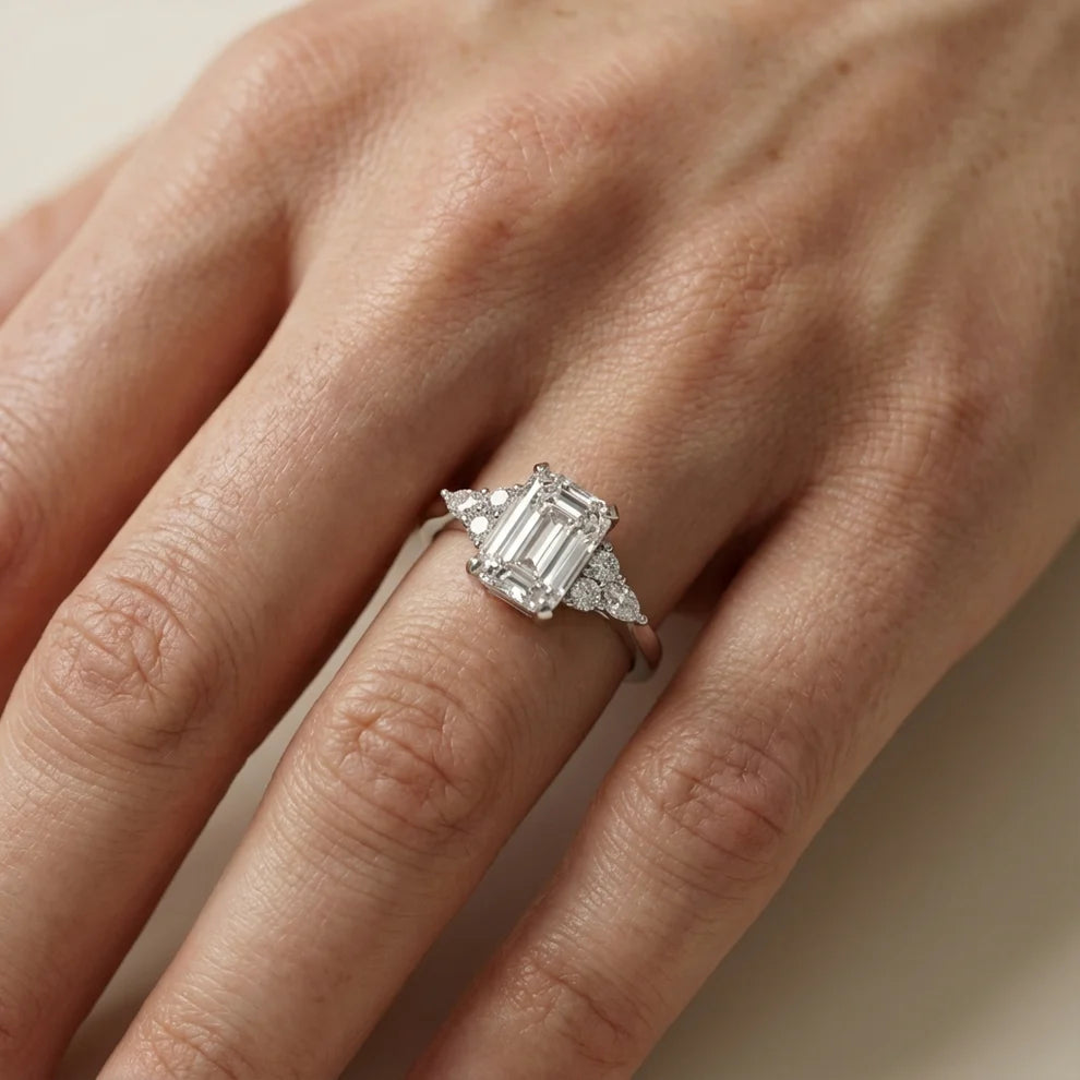Amelia Three Stone Emerald Diamond Engagement & Wedding Ring