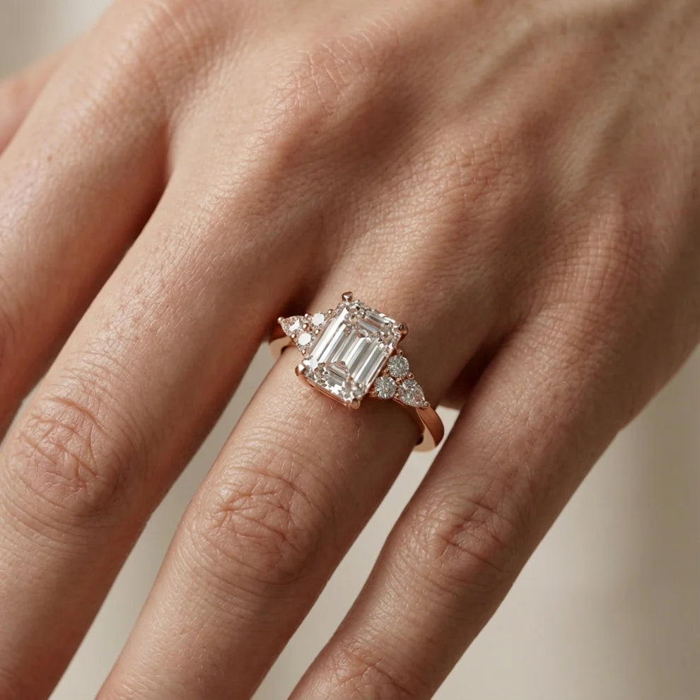 Amelia Three Stone Emerald Diamond Engagement & Wedding Ring