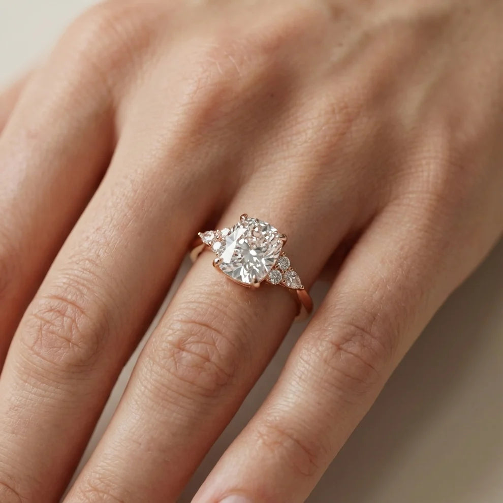 Amelia Three Stone Cushion Diamond Engagement & Wedding Ring
