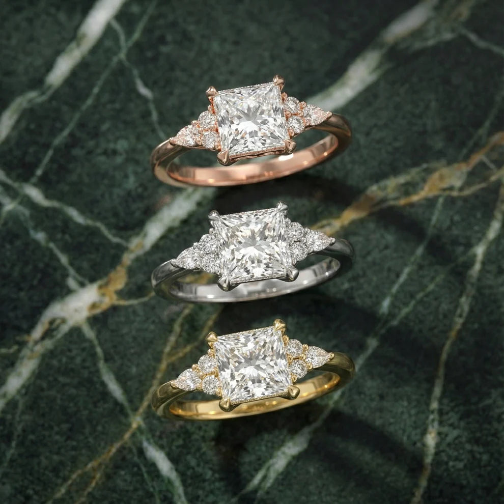 Amelia Three Stone Princess Diamond Engagement & Wedding Ring