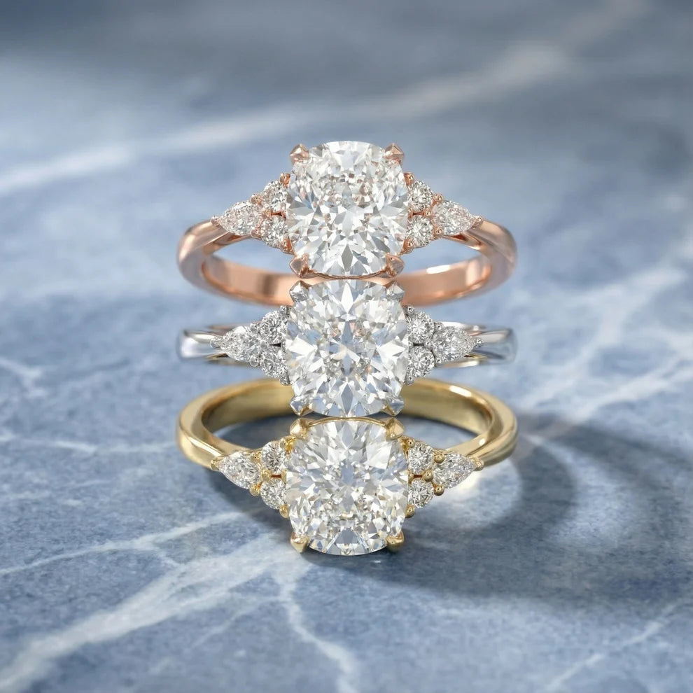 Amelia Three Stone Cushion Diamond Engagement & Wedding Ring