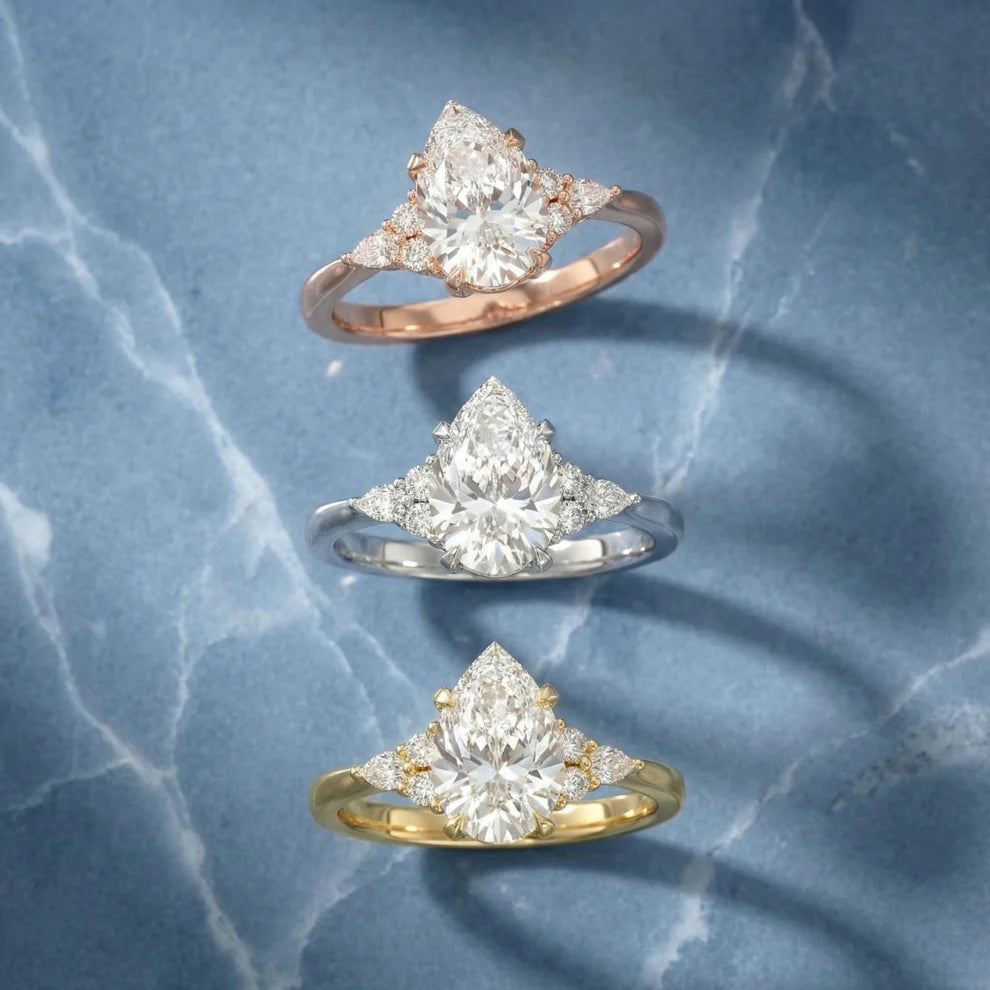 Amelia Three Stone Pear Diamond Engagement & Wedding Ring