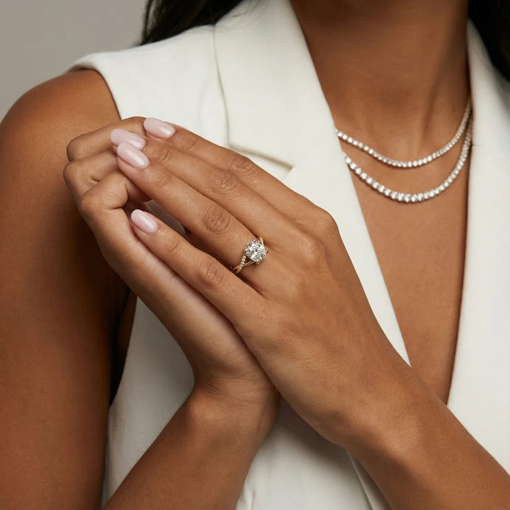 Veronica Twist Side Stone Cushion Diamond Engagement & Wedding Ring