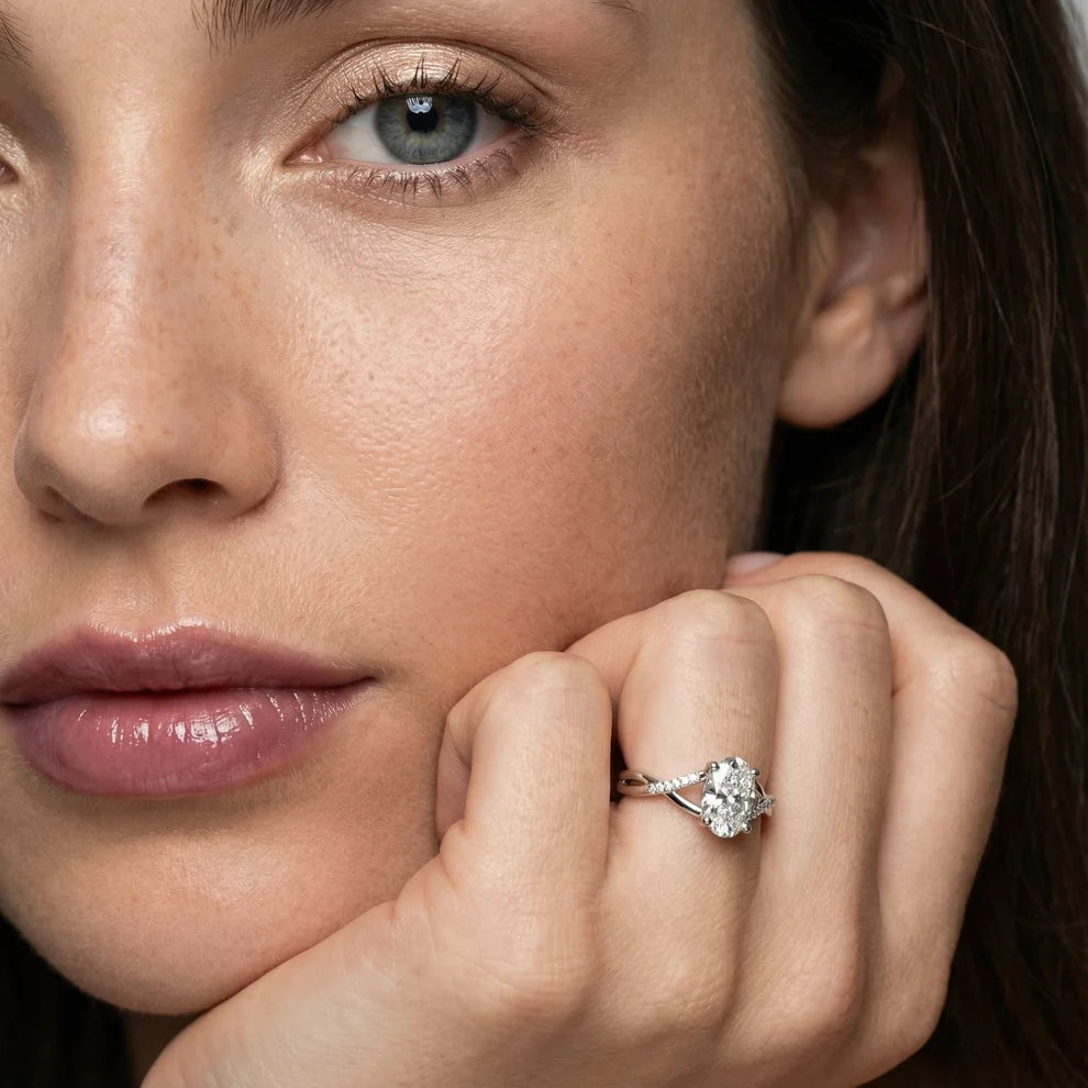 Veronica Twist Side Stone Oval Diamond Engagement & Wedding Ring