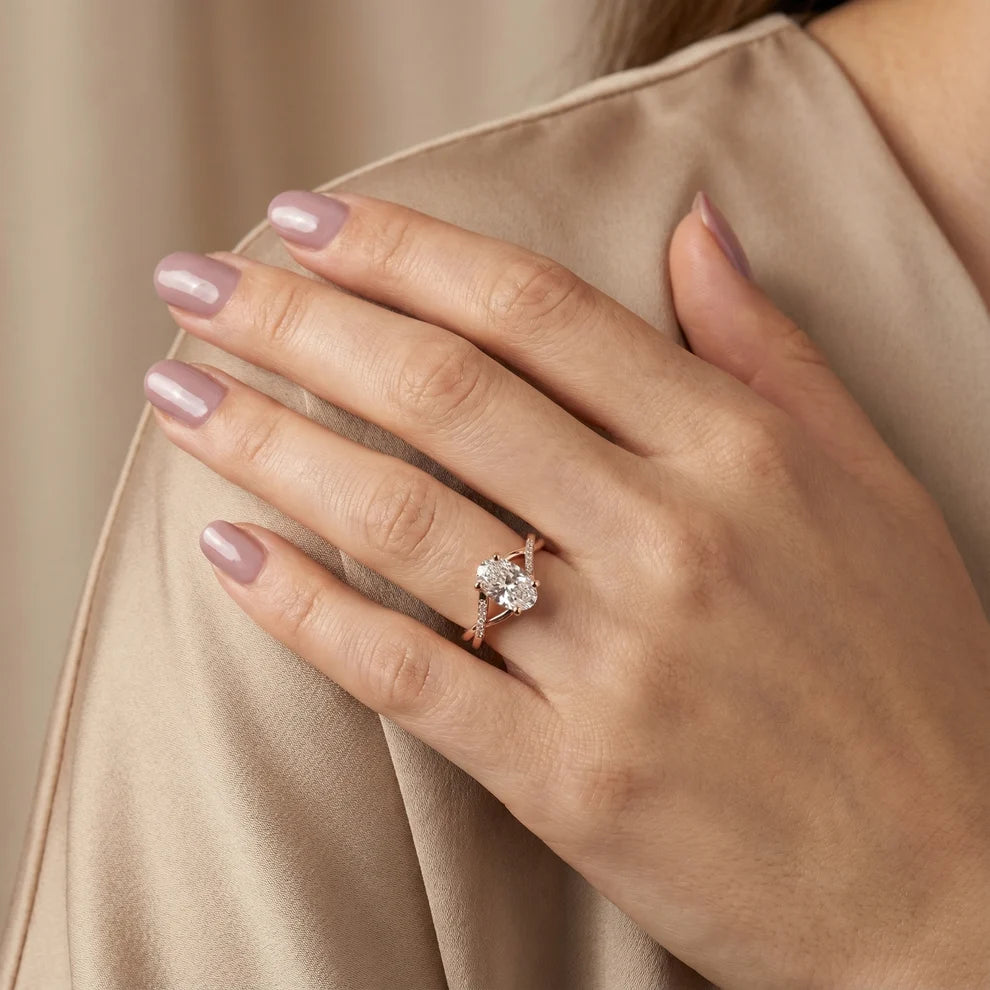 Veronica Twist Side Stone Oval Diamond Engagement & Wedding Ring