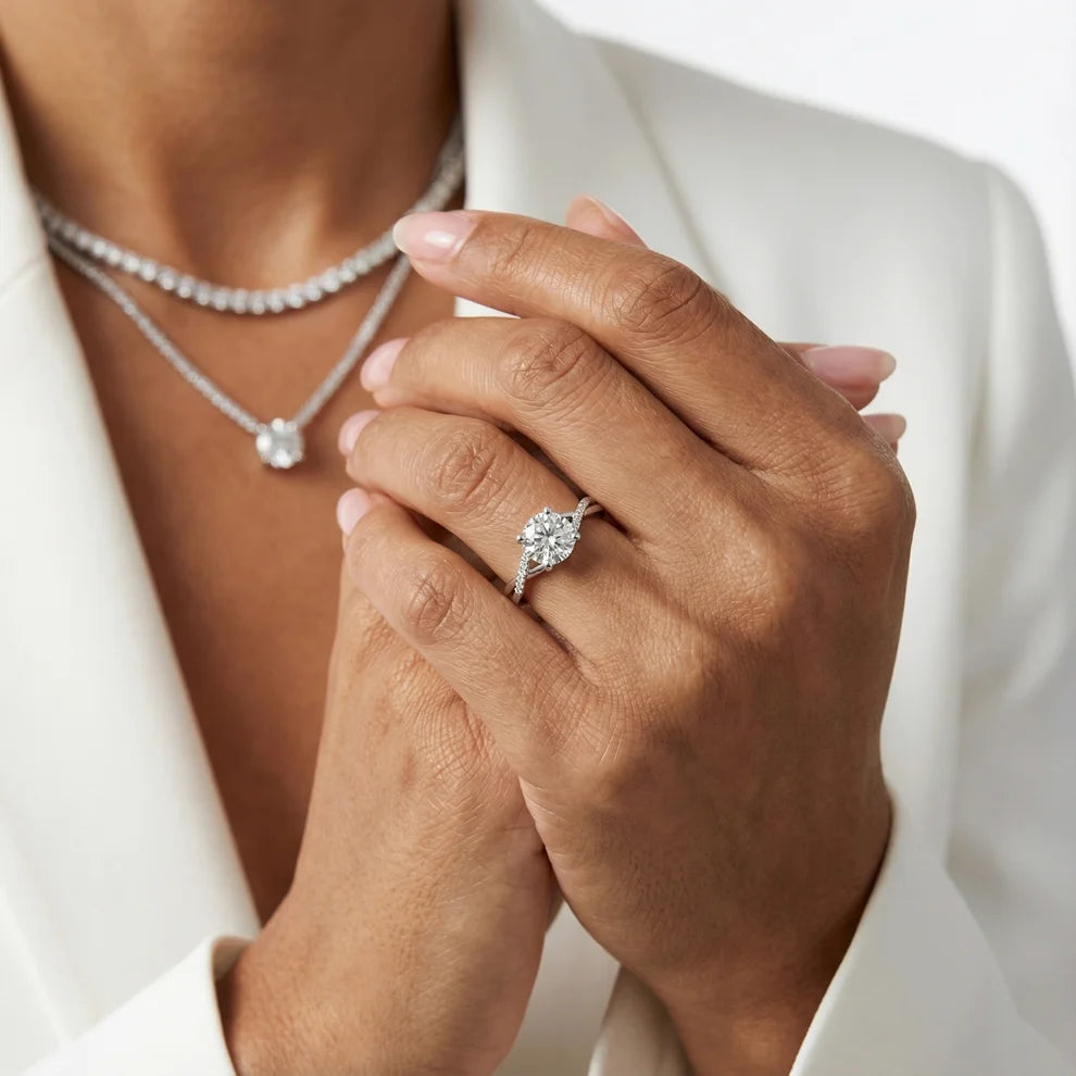 Veronica Twist Side Stone Round Diamond Engagement & Wedding Ring