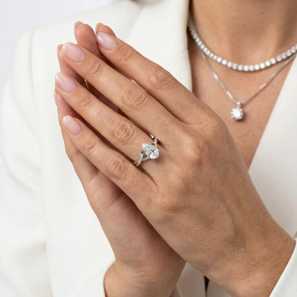 Veronica Twist Side Stone Pear Diamond Engagement & Wedding Ring