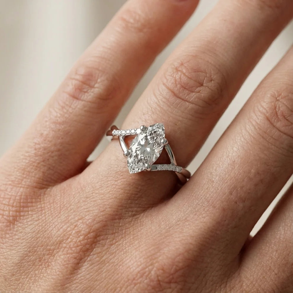 Veronica Twist Side Stone Marquise Diamond Engagement & Wedding Ring