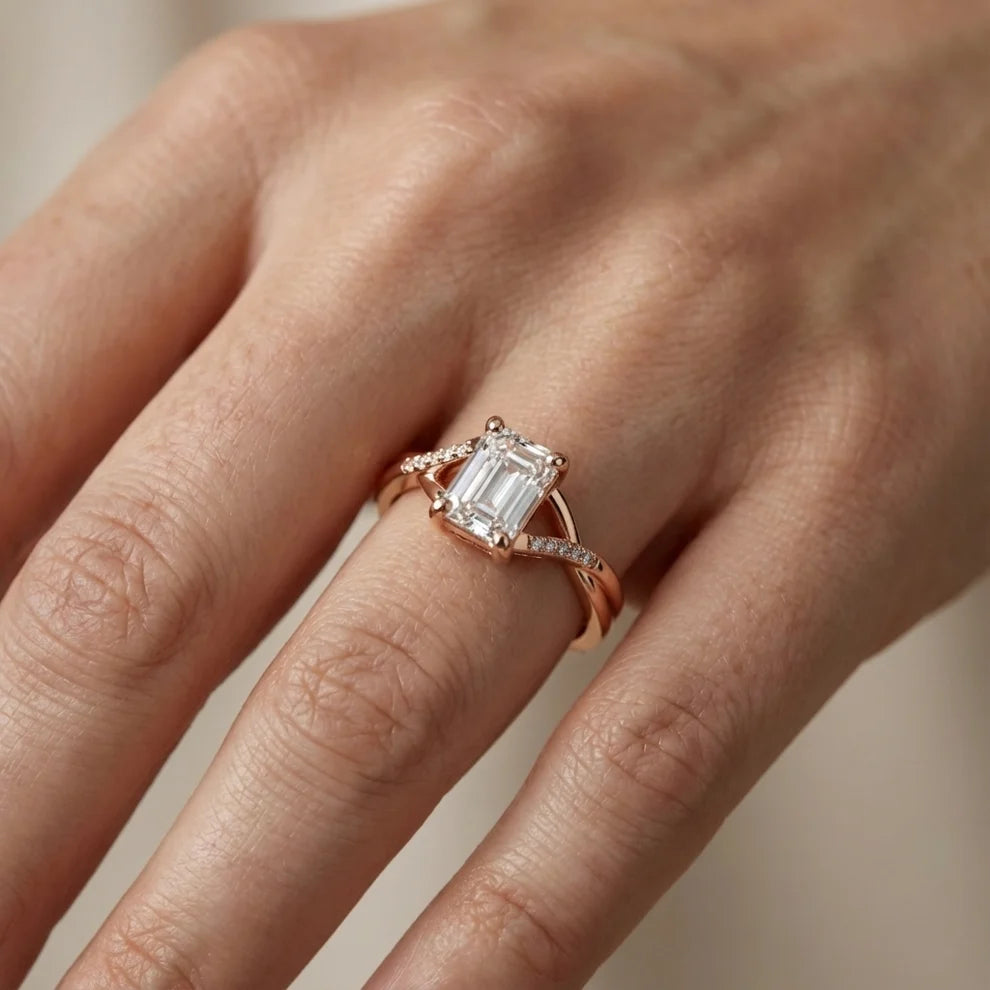 Veronica Twist Side Stone Emerald Diamond Engagement & Wedding Ring