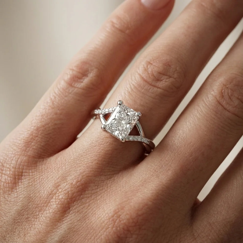 Veronica Twist Side Stone Radiant Diamond Engagement & Wedding Ring