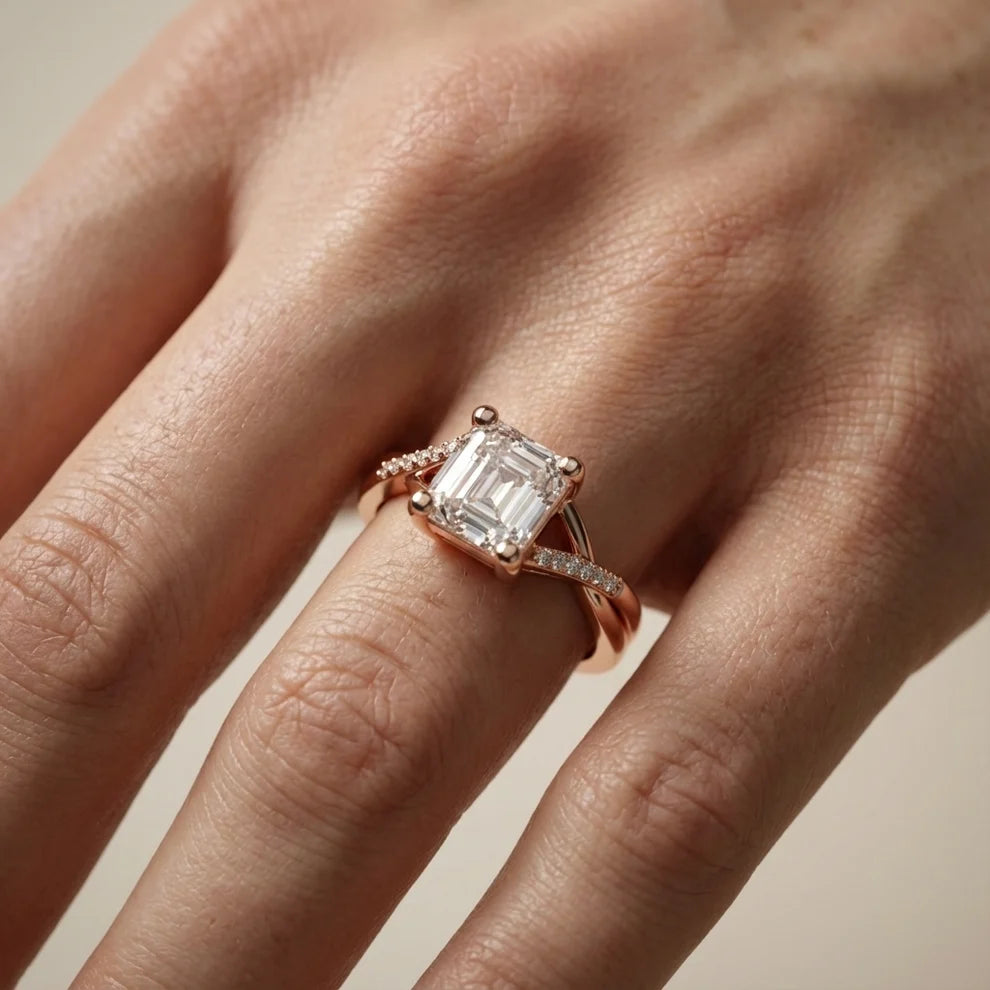 Veronica Twist Side Stone Asscher Diamond Engagement & Wedding Ring