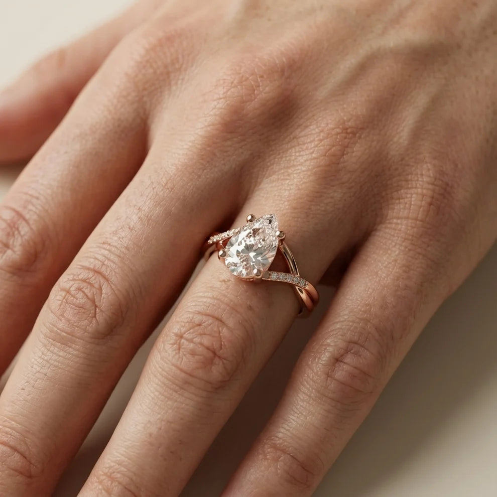 Veronica Twist Side Stone Pear Diamond Engagement & Wedding Ring