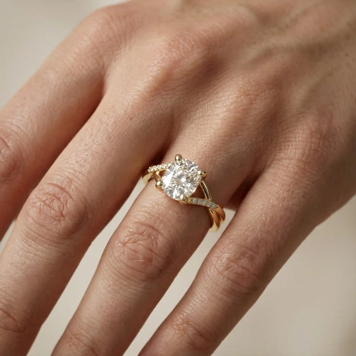 Veronica Twist Side Stone Cushion Diamond Engagement & Wedding Ring